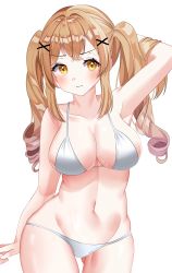 Rule 34 | 1girl, absurdres, arm behind head, armpits, bang dream!, bare shoulders, bikini, blush, breasts, brown hair, collarbone, curly hair, frown, gluteal fold, groin, hair between eyes, hair ornament, highres, ichigaya arisa, large breasts, midriff, multicolored hair, navel, poppin&#039;party, simple background, solo, streaked hair, suisen (suisenhwa), swimsuit, thigh gap, thighs, twintails, white background, white bikini, x hair ornament, yellow eyes