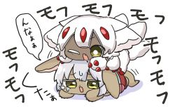 Rule 34 | 1girl, 1other, animal ears, chibi, drooling, faputa, furry, highres, lying, lying on person, made in abyss, nanachi (made in abyss), nontao, on stomach, one eye closed, simple background, translated, white background, white hair, yellow eyes