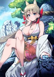 Rule 34 | 1girl, 2boys, absurdres, anger vein, animal ears, blue eyes, breasts, brown hair, cleavage, cover, cover page, crossed legs, day, dog ears, dog girl, frown, heart, highres, japanese clothes, kimono, large breasts, long hair, long sleeves, looking at viewer, multiple boys, original, outdoors, pizzasi, sandals, short hair, sitting, sweatdrop, tabi, textless version, white kimono, zouri