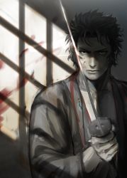 Rule 34 | 1boy, blood, closed mouth, collarbone, fate/grand order, fate (series), hijikata toshizou (fate), holding, holding sword, holding weapon, japanese clothes, katana, kimono, long sleeves, looking at viewer, male focus, monochrome, rott ur, short hair, solo, spiked hair, spot color, standing, sword, weapon