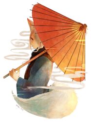 Rule 34 | 1girl, absurdres, animal ears, black scarf, blue kimono, dated, facing to the side, fox ears, fox tail, hair over one eye, highres, holding, holding umbrella, japanese clothes, kimono, long hair, looking at viewer, oil-paper umbrella, orange eyes, orange umbrella, original, sanshichi fu, scarf, simple background, smoke trail, solo, tail, umbrella, upper body, white background, white hair, white tail