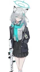 Rule 34 | 1girl, absurdres, animal ears, assault rifle, blue archive, blue eyes, blue necktie, checkered clothes, checkered skirt, grey hair, halo, highres, looking at viewer, n4n44, necktie, school uniform, shiroko (blue archive), sig sauer 556, skirt, socks, thighs, white socks, wolf ears