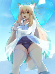 Rule 34 | 1girl, animal ears, blonde hair, breasts, choko-san (fuyu), curvy, fang, fox ears, fox tail, fuyu, large breasts, legs, long hair, one-piece swimsuit, open mouth, original, plump, rain, raincoat, school swimsuit, see-through, solo, swimsuit, swimsuit under clothes, tail, thick thighs, thighhighs, thighs, transparent, transparent umbrella, umbrella, very long hair, white thighhighs, yellow eyes