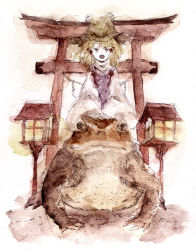Rule 34 | 1girl, asa-tte, asase (asariya), female focus, frog, hat, lantern, moriya suwako, painting (medium), solo, torii, touhou, traditional media, watercolor (medium)