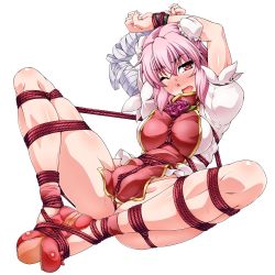 Rule 34 | 1girl, amputee, arms up, bandaged arm, bandages, bdsm, blouse, blush, bondage, bound, bound ankles, bound legs, bound wrists, breasts, cuffs, double bun, flower, full body, ibaraki kasen, large breasts, looking at viewer, no panties, no pants, one eye closed, ootsuki wataru, open mouth, pink hair, puffy short sleeves, puffy sleeves, red eyes, red flower, red footwear, red rose, rose, shibari, shibari over clothes, shirt, shoes, short sleeves, solo, spread legs, sweat, tabard, touhou, transparent background, white shirt