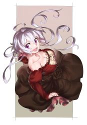 Rule 34 | 1girl, ahoge, bare shoulders, blush, breasts, cleavage, commentary request, dress, frilled dress, frills, hair between eyes, large breasts, long hair, long sleeves, looking at viewer, low twintails, murakami hisashi, open mouth, purple eyes, red dress, scrunchie, senki zesshou symphogear, shiny skin, silver hair, smile, solo, standing, twintails, very long hair, yukine chris