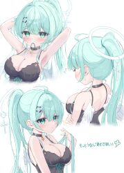 Rule 34 | 1girl, adjusting hair, angel, angel wings, armpits, arms behind head, black choker, black dress, blush, breasts, choker, cleavage, commentary request, cross, dress, from behind, green eyes, green hair, halo, highres, large breasts, long hair, looking at viewer, mikaze oto, multiple views, original, ponytail, simple background, sleeveless, sleeveless dress, translation request, white background, white halo, wings