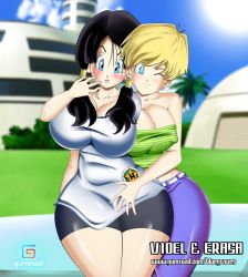 Rule 34 | 2girls, bike shorts, black hair, blonde hair, blue eyes, bluegraves, blush, breasts, censored, cleavage, denim, dragon ball, dragonball z, female focus, heels, hug, hug from behind, huge breasts, erasa (dragon ball), jeans, large breasts, legs, looking at viewer, multiple girls, open mouth, pants, plump, school, sexually suggestive, shirt, short hair, shorts, spandex, strapless, surprised, thick thighs, thighs, tube top, twintails, videl, wide hips, wink, yuri