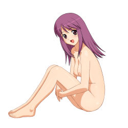 Rule 34 | 00s, 1girl, a1 (initial-g), absurdres, barefoot, breasts, female focus, full body, highres, kaleido star, naegino sora, nipples, nude, purple hair, simple background, smile, solo, white background