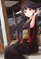 Rule 34 | 1girl, absurdres, bell, black kimono, blunt bangs, blush, brown hair, building, closed mouth, day, feet out of frame, floating hair, hand on lap, hand up, highres, huge filesize, japanese clothes, jingle bell, kano (wi3028), kimono, long sleeves, looking at viewer, obi, original, outdoors, red eyes, sash, sheath, sheathed, sitting, smile, snow, sword, tassel, weapon, wide sleeves, wind, winter, wristband
