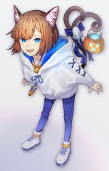 Rule 34 | 1girl, animal ear fluff, animal ears, basket, bell, blue bow, blue eyes, blue fire, bob cut, bow, brown hair, cat ears, cat girl, collarbone, fangs, fire, fire, ghost, halloween, holding, holding basket, holding with tail, hood, hood down, hoodie, jewelry, leaning, leaning forward, multiple tails, necklace, open mouth, original, prehensile tail, short hair, signature, sleeves past wrists, slit pupils, smile, solo, standing, tail, tail bow, tail ornament, teeth, tongue, two tails, waterstaring, white footwear, white hoodie
