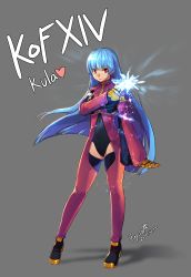 Rule 34 | 1girl, belt, blue hair, blush, breasts, commentary request, gloves, highres, kula diamond, long hair, looking at viewer, puyon (pixiv), puyon (puyon), red eyes, simple background, smile, solo, the king of fighters, the king of fighters xiv, white background