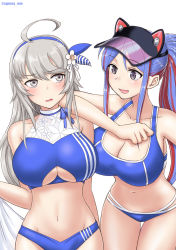 Rule 34 | 2girls, ahoge, bare arms, bare shoulders, bikini, blue bikini, blue hair, blush, breasts, cleavage, collarbone, cypress, flower, grey eyes, groin, hair flower, hair ornament, hat, highres, kantai collection, large breasts, long hair, multi-strapped bikini, multicolored hair, multiple girls, navel, open mouth, red hair, silver hair, simple background, south dakota (kancolle), swimsuit, twitter username, washington (kancolle), white background, white flower