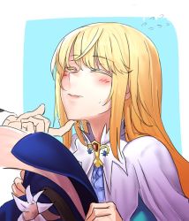 Rule 34 | 1boy, blonde hair, blue background, blue hat, blush, chevalier d&#039;eon (fate), closed eyes, closed mouth, commentary request, copyright request, fate/grand order, fate (series), flying sweatdrops, hand on another&#039;s chin, hat, holding, holding clothes, holding hat, i-pan, long hair, male focus, scratching chin, solo focus, stroking another&#039;s chin, sweatdrop, unworn hat, unworn headwear, upper body