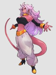 Rule 34 | 1girl, android 21, black sclera, bracelet, breasts, choker, cleavage, colored sclera, colored skin, dragon ball, dragon ball fighterz, earrings, full body, hoop earrings, jewelry, kemachiku, long hair, looking at viewer, majin android 21, medium breasts, midriff, navel, pink hair, pink skin, red eyes, smile, solo, tail, yellow choker