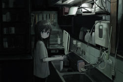 Rule 34 | 1girl, black hair, blue eyes, commentary, cupboard, cutting board, dark, dish rack, film grain, grater, highres, holding, holding knife, indoors, kitchen, knife, lamp, long hair, looking at viewer, original, pot, sakiika0513, scenery, shirt, short sleeves, sink, smile, solo, standing, white shirt