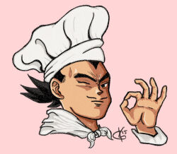 Rule 34 | 1boy, black hair, chef, chef hat, commentary, cristal-knight, dated, dragon ball, english commentary, facial hair, hat, looking at viewer, mustache, name connection, ok sign, one eye closed, parody, pink background, real life, scarf, screentones, signature, simple background, solo, spiked hair, v-shaped eyebrows, vegeta, vegeta (seasoning), white hat, white scarf