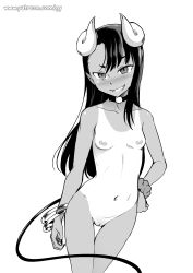 Rule 34 | 1girl, alternate costume, arm scrunchie, asymmetrical bangs, black hair, blush, breasts, choker, cleft of venus, collarbone, completely nude, demon girl, demon horns, demon tail, fingernails, geewhy, greyscale, grin, hand on own hip, highres, horns, ijiranaide nagatoro-san, long hair, looking at viewer, monochrome, nagatoro hayase, nail polish, navel, nipples, nude, one-piece tan, pointy ears, pussy, scrunchie, sharp fingernails, simple background, small breasts, smile, solo, standing, stomach, tail, tan, tanline, thigh gap, uncensored, white background, wrist scrunchie