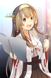 Rule 34 | + +, 10s, 1girl, :d, puff of air, black skirt, blurry, blush, book, brown hair, clenched hand, depth of field, detached sleeves, hakama, hakama short skirt, hakama skirt, hand up, headband, highres, japanese clothes, kantai collection, kongou (kancolle), kongou kai ni (kancolle), meth (emethmeth), nontraditional miko, open book, open mouth, pleated skirt, purple eyes, ribbon-trimmed sleeves, ribbon trim, rigging, sidelocks, skirt, smile, solo, sparkle, teeth, upper body