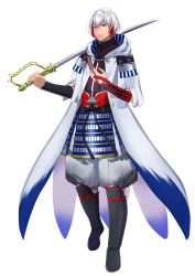 Rule 34 | 1boy, armor, artist request, blue eyes, check commentary, cloak, commentary request, dark skin, hair between eyes, holding, holding weapon, japanese armor, japanese clothes, male focus, multicolored hair, red hair, samurai, star (symbol), sword, tagme, transparent background, weapon, white hair, world flags