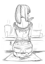 Rule 34 | 1girl, antaria, ass, barefoot, feet, from behind, greyscale, mat, monochrome, original, ponytail, seiza, signature, sitting, sketch, solo
