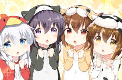 Rule 34 | 4girls, akatsuki (kancolle), alternate costume, alternate hairstyle, animal costume, bell (oppore coppore), blue eyes, braid, brown hair, cat costume, chestnut mouth, chicken costume, clenched hands, collarbone, cosplay, cow costume, dog costume, gochuumon wa usagi desu ka?, hair between eyes, hibiki (kancolle), hood, ikazuchi (kancolle), inazuma (kancolle), kantai collection, kigurumi, long hair, long sleeves, looking at viewer, multiple girls, pajamas, pom pom (clothes), purple eyes, purple hair, red eyes, short hair, sparkle, twin braids, upper body, white hair