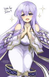 Rule 34 | 1girl, bare shoulders, cape, circlet, dress, english text, fire emblem, fire emblem: genealogy of the holy war, julia (fire emblem), long hair, nintendo, open mouth, own hands clasped, own hands together, purple cape, purple eyes, purple hair, sash, simple background, solo, wide sleeves, yukia (firstaid0)