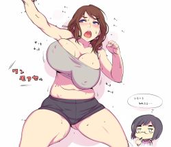Rule 34 | 1girl, bad id, bad twitter id, blush, breasts, brown hair, character request, cleavage, copyright name, covered erect nipples, gluteal fold, huge breasts, oohara kyuutarou, original, plump, short shorts, shorts, sweat, thick thighs, thighs