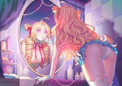 Rule 34 | 1girl, ahoge, arm support, ass, bent over, blonde hair, blue eyes, blue skirt, bottle, breasts, candle, cosmetics, curtains, detached collar, drill hair, fiodo, fire, frilled skirt, frills, gloves, hair over breasts, hair over one breast, hair rings, highres, indoors, jewelry, large breasts, lipstick, lipstick tube, long hair, looking at viewer, makeup, makeup brush, microskirt, mirror, neck ribbon, necklace, panties, pearl necklace, red ribbon, reflection, ribbon, shen wu yue, skirt, solo, thighhighs, topless, twin drills, underwear, wavy hair, white gloves, white panties, white thighhighs