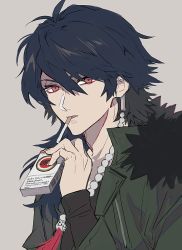 Rule 34 | 1boy, arisugawa dice, blue hair, cigarette, cigarette pack, ebanoniwa, green jacket, grey background, hair between eyes, hypnosis mic, jacket, jewelry, long sleeves, looking at viewer, male focus, mouth hold, necklace, red eyes, simple background, solo