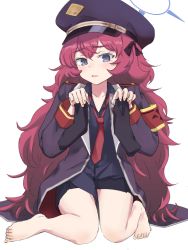 Rule 34 | 1girl, absurdres, armband, artist request, barefoot, black shirt, black socks, blue archive, blush, feet, halo, hat, highres, holding, iroha (blue archive), jacket, looking at viewer, military, military hat, military uniform, necktie, red hair, red necktie, shirt, simple background, sitting, socks, solo, toes, uniform, white background