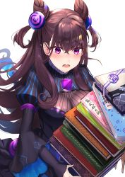 Rule 34 | 1girl, black dress, blush, book, book stack, breasts, brown hair, cone hair bun, double bun, dress, fate/grand order, fate (series), frills, gem, hair bun, highres, juliet sleeves, large breasts, long hair, long sleeves, murasaki shikibu (fate), nose blush, omelet tomato, open mouth, puffy long sleeves, puffy sleeves, purple eyes, simple background, solo, tears, valentine, very long hair, white background