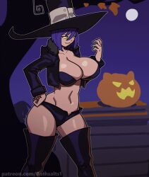 Rule 34 | 1girl, :3, animated, animated gif, artist name, ass, bathsalts, blair (soul eater), boots, bouncing breasts, breasts, censored, cleavage, coat, curvy, fur coat, hand on own hip, hat, jack-o&#039;-lantern, jacket, large breasts, looking at viewer, micro shorts, naughty face, night, night sky, no bra, one eye closed, open clothes, open jacket, pasties, purple hair, shiny skin, shorts, sky, snapping fingers, soul eater, standing, thigh boots, wide hips, wink, witch hat, yellow eyes