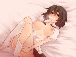 Rule 34 | 1girl, bad id, bad pixiv id, bed sheet, biting, black hair, blush, breasts, breasts apart, breasts out, brown hair, dress shirt, female focus, finger biting, hat, kneehighs, large breasts, legs up, looking at viewer, lying, nipples, no bra, on back, open clothes, open shirt, oshiruko (tsume), red eyes, shameimaru aya, shirt, short hair, socks, solo, sweat, tokin hat, touhou, white socks