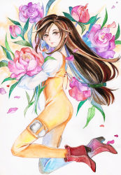 Rule 34 | 1girl, black hair, bodysuit, boots, brown eyes, closed mouth, commentary, final fantasy, final fantasy ix, flower, from side, full body, garnet til alexandros xvii, high heel boots, high heels, highres, latex, long hair, looking at viewer, low-tied long hair, orange bodysuit, painting (medium), princess ailish, smile, solo, traditional media, watercolor (medium)
