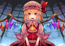 Rule 34 | 1girl, :d, ascot, blonde hair, bow, buttons, collared shirt, commentary request, cowboy shot, crystal, dress, fangs, flandre scarlet, flat chest, frilled shirt collar, frilled sleeves, frills, fushida, hair between eyes, hat, hat bow, highres, looking at viewer, medium bangs, mob cap, open mouth, pinafore dress, pink hat, pink shirt, red bow, red dress, red eyes, shirt, short hair, sleeveless, sleeveless dress, smile, solo, touhou, window, wings, yellow ascot