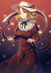 Rule 34 | 1girl, black ribbon, blonde hair, breasts, capelet, closed mouth, cowboy shot, curly hair, dress, elly (touhou), happy, hat, hat ribbon, holding, holding scythe, juliet sleeves, kaede (mmkeyy), long sleeves, medium breasts, medium hair, neck ribbon, puffy sleeves, red dress, red eyes, red ribbon, ribbon, scythe, smile, solo, sun hat, touhou, touhou (pc-98), white capelet, white hat