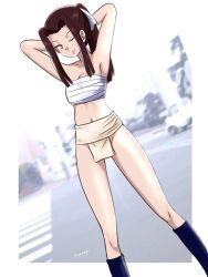 Rule 34 | 1girl, absurdres, armpits, arms behind back, blush, breasts, brown hair, closed mouth, fundoshi, girls und panzer, hair ribbon, highres, hiyama yuu (wee259hiyama), japanese clothes, long hair, looking at viewer, mizu happi, navel, one eye closed, outdoors, ponytail, ribbon, saemonza (girls und panzer), sarashi, shiny skin, simple background, small breasts, smile, solo, standing, white background