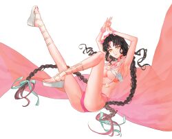 Rule 34 | 1girl, arms up, bamcream, bikini, black hair, bracelet, braid, breasts, chest tattoo, closed mouth, commentary, earrings, facial mark, fate/grand order, fate (series), fingernails, flower, foot out of frame, forehead mark, hair flower, hair ornament, hair ribbon, highres, jewelry, large breasts, leg up, long hair, looking at viewer, mudra, multicolored hair, nail polish, necklace, panties, pantyshot, parted bangs, pearl bracelet, pearl earrings, pearl necklace, petals, pink flower, pink hair, pink nails, pink panties, pink sarong, platform footwear, platform heels, ribbon, seashell, sessyoin kiara, sessyoin kiara (swimsuit mooncancer), sessyoin kiara (swimsuit mooncancer) (first ascension), shell, shell necklace, simple background, smile, solo, streaked hair, swimsuit, tattoo, toenail polish, toenails, twin braids, underboob, underwear, very long hair, vitarka mudra, white background, white bikini, white ribbon, yellow eyes