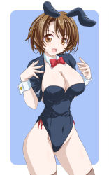 Rule 34 | 1girl, :d, animal ears, black leotard, blue background, bow, bowtie, breasts, cleavage, collar, commentary request, covered navel, cowboy shot, detached collar, fake animal ears, highleg, highleg leotard, highres, kikuchi tsutomu, large breasts, leotard, looking at viewer, open mouth, original, outside border, playboy bunny, rabbit ears, red bow, red bowtie, rounded corners, short hair, short sleeves, shrug (clothing), simple background, skindentation, smile, solo, standing, strapless, strapless leotard, sweatdrop, thighhighs, white collar, wing collar, wrist cuffs