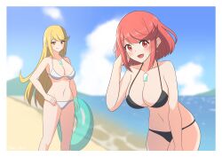 Rule 34 | 2girls, absurdres, artist request, breasts, high heels, highres, large breasts, multiple girls, mythra (xenoblade), pyra (xenoblade), swimsuit, xenoblade chronicles (series), xenoblade chronicles 2