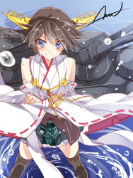 Rule 34 | 10s, 1girl, bare shoulders, blue eyes, brown hair, cannon, crossed arms, detached sleeves, headgear, hiei (kancolle), japanese clothes, kantai collection, looking at viewer, machinery, mtu (orewamuzituda), nontraditional miko, ocean, pleated skirt, short hair, signature, sketch, skirt, smile, solo, standing, standing on liquid, thighhighs, turret