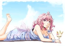 Rule 34 | 1girl, barefoot, breasts, cleavage, cloud, day, female focus, food, ice cream, kakao (noise-111), large breasts, lying, mouth hold, on stomach, pink hair, purple eyes, saigyouji yuyuko, short hair, sky, solo, spoon, the pose, touhou, triangular headpiece