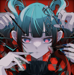 Rule 34 | 1girl, alternate costume, alternate hairstyle, applying makeup, aqua eyes, colored eyelashes, goma irasuto, hair ornament, hatsune miku, highres, long hair, looking at viewer, makeup, multicolored eyes, red eyes, solo, twintails, vocaloid