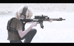 Rule 34 | 1girl, aiming, ar-15, blonde hair, commentary, gun, hair bun, headset, holding, holding gun, holding weapon, letterboxed, load bearing vest, on one knee, original, outdoors, rain, rifle, single hair bun, solo, weapon, ylmi