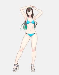 Rule 34 | 1girl, armpits, arms up, bikini, black hair, blue bikini, blue eyes, blush, breasts, closed mouth, full body, glasses, grey background, hairband, high heels, highres, kantai collection, lips, long hair, ooyodo (kancolle), sandals, simple background, small breasts, solo, standing, swimsuit, white footwear, yuuji (and)