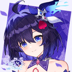 1girl abby_riddle ahoge bare_shoulders blue_collar blue_eyes blue_hair blue_petals chinese_commentary closed_mouth collar colored_inner_hair commentary_request detached_collar falling_petals hair_between_eyes hair_ornament head_tilt highres honkai_(series) honkai_impact_3rd looking_at_viewer multicolored_hair partial_commentary petals portrait seele_vollerei seele_vollerei_(swallowtail_phantasm) short_hair signature smile solo two-tone_hair watermark watermark_grid