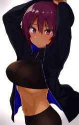 Rule 34 | 1girl, arms up, black jacket, black shirt, black shorts, blush, breasts, closed mouth, commentary request, covered erect nipples, crop top, dark-skinned female, dark skin, gomashi (goma), gradient background, groin, hair between eyes, highres, jacket, long sleeves, looking at viewer, medium breasts, midriff, navel, open clothes, open jacket, original, purple eyes, purple hair, shirt, short hair, shorts, solo, stomach, upper body, white background