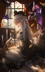 Rule 34 | 1girl, absurdres, bird, book, braid, breasts, burning, cage, candle, candlestand, cat, chain, cherry, crow, dress, edgar allan poe (honkai impact 3rd), flower, food, fruit, grey hair, highres, holding, holding scythe, honkai (series), honkai impact 3rd, indoors, light, long hair, looking at viewer, medium breasts, mouth hold, on floor, paper, purple eyes, purple flower, purple rose, rose, scythe, sitting, solo, turbulence, window