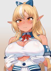 Rule 34 | 1girl, bare shoulders, blonde hair, blush, bow, breasts, cleavage, cleavage cutout, closed mouth, clothing cutout, dark-skinned female, dark skin, detached sleeves, elf, gloves, hair bow, highres, hololive, jun tsugumi, large breasts, long hair, multicolored hair, pointy ears, shiranui flare, shiranui flare (1st costume), solo, upper body, virtual youtuber, white hair